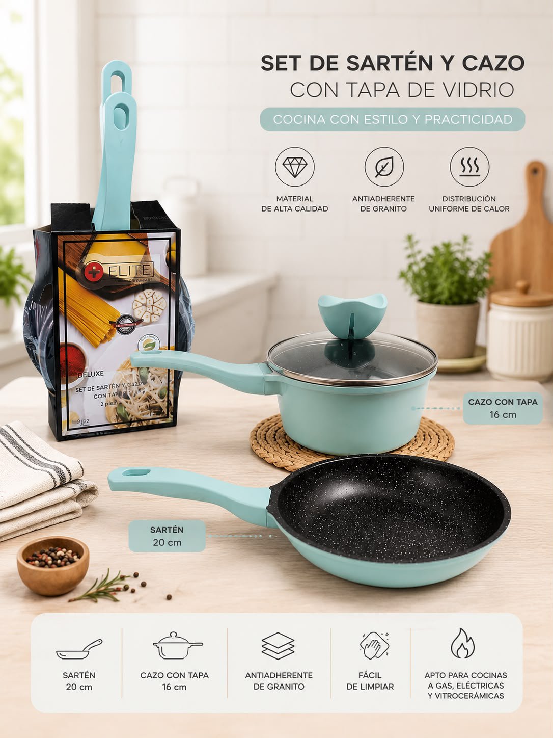 Set de Sartén y Cazo con Tapa de Vidrio